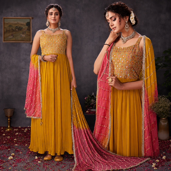 Festive Georgette Pleated Kurta with Contrast Dupatta