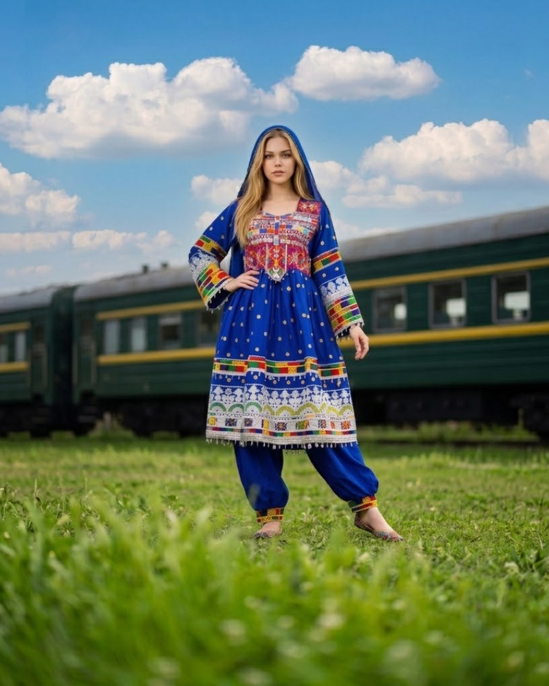 Afghan Traditional Dress Chiffon Fabric(Blue)
