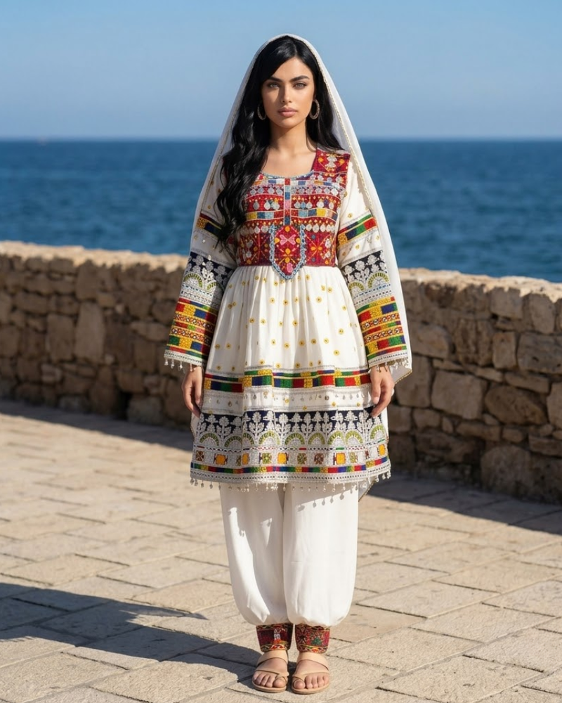 Afghan Traditional Dress Chiffon Fabric(White)