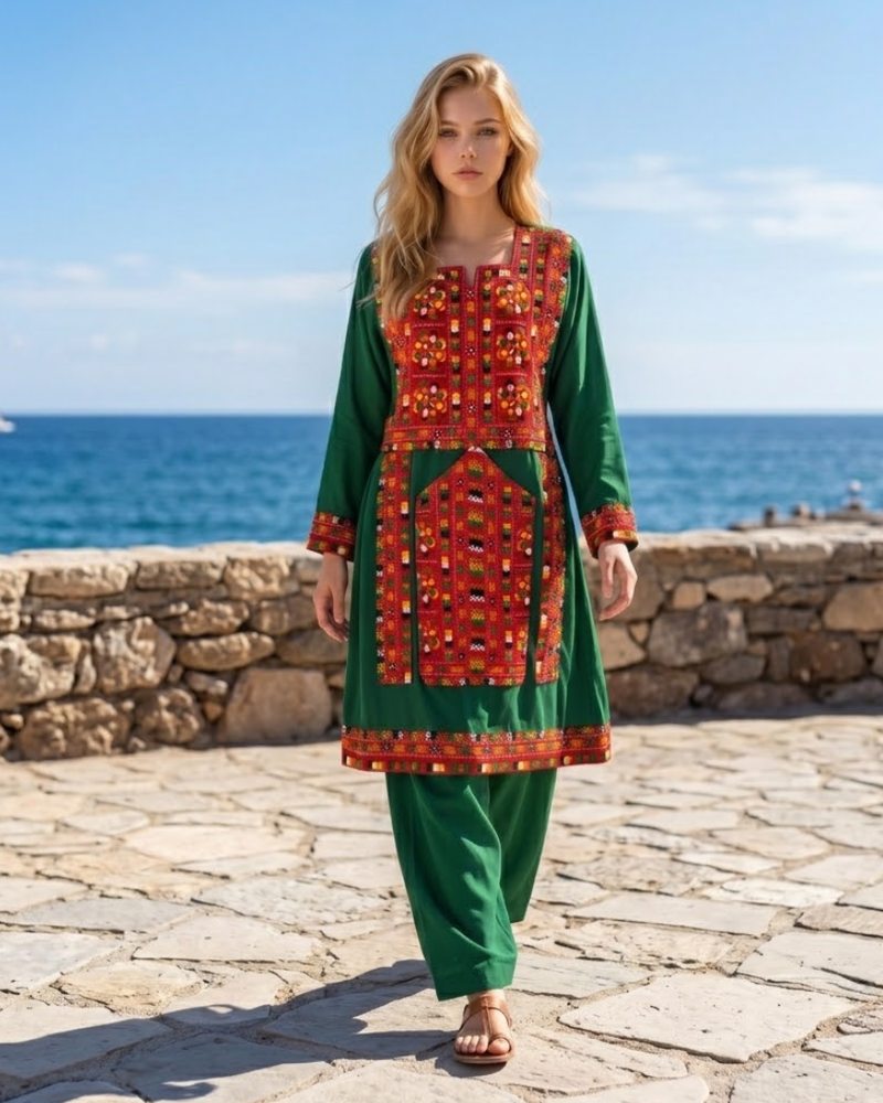 Afghan Traditional Dress  Georgette Fabric(Green)