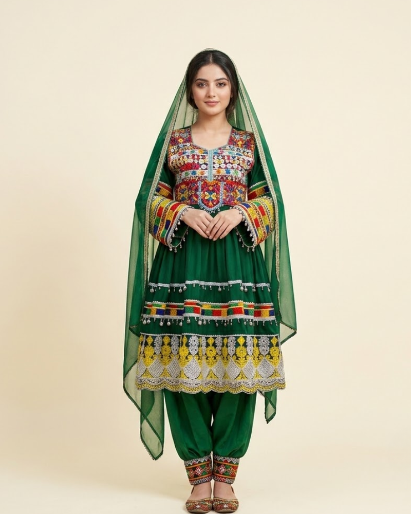 Afghan Traditional Dress Velvet Fabric(Green)