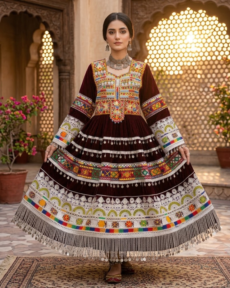 Exquisite Cherry Velvet Afghan Traditional Dress