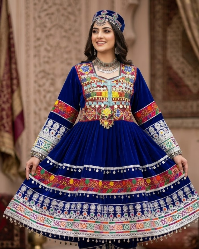 Royal Blue Velvet Afghan Traditional Dress