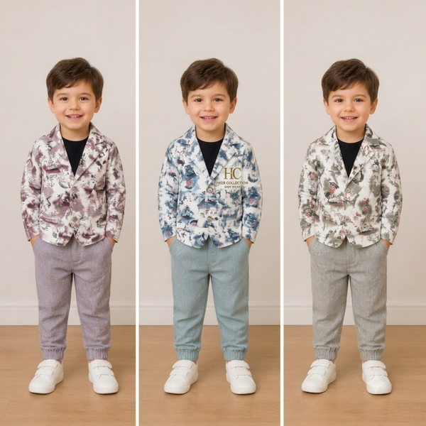 9148 Boys' Printed Blazer & Trousers Set(3 Pcs Set)