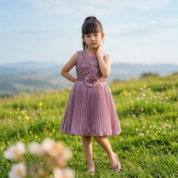 PK82 Mauve Pleated Floral Girls Party Dress