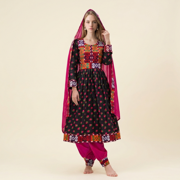 Black & Pink Embroidered Kuchi Suit