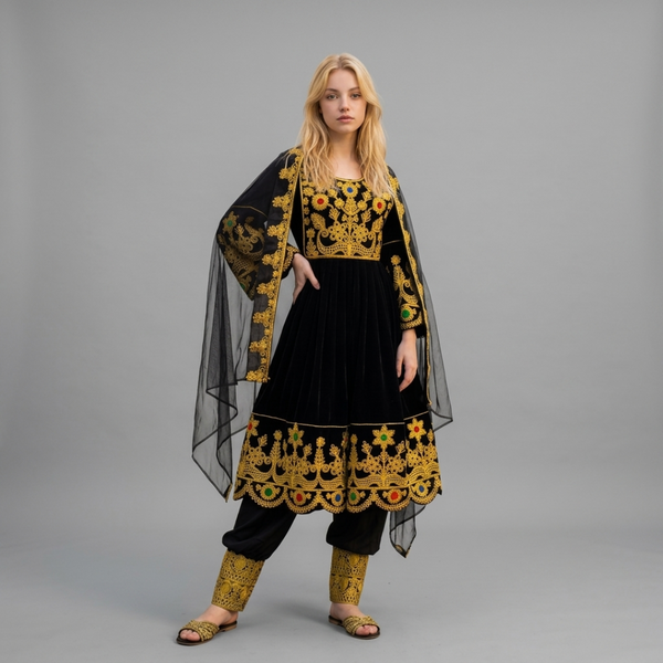 Traditional Black & Gold Afghan Dress