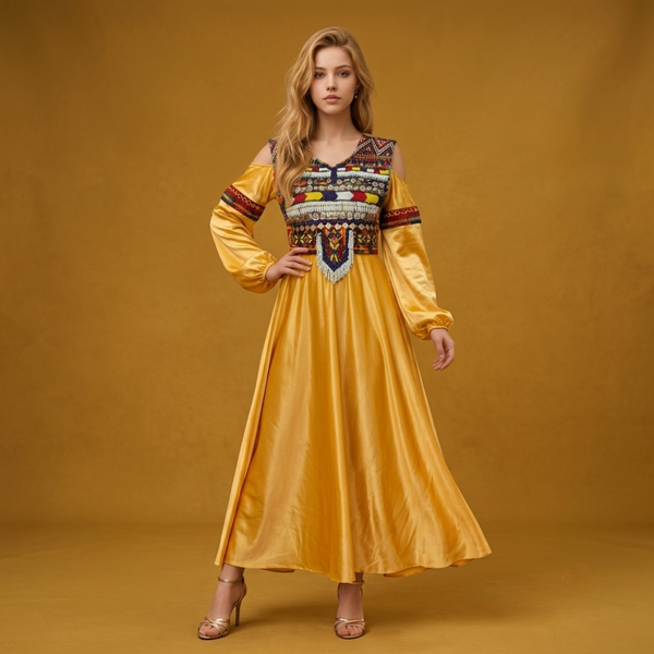 Traditional Style Cold-Shoulder Gown with Colorful Embroidered Bodice